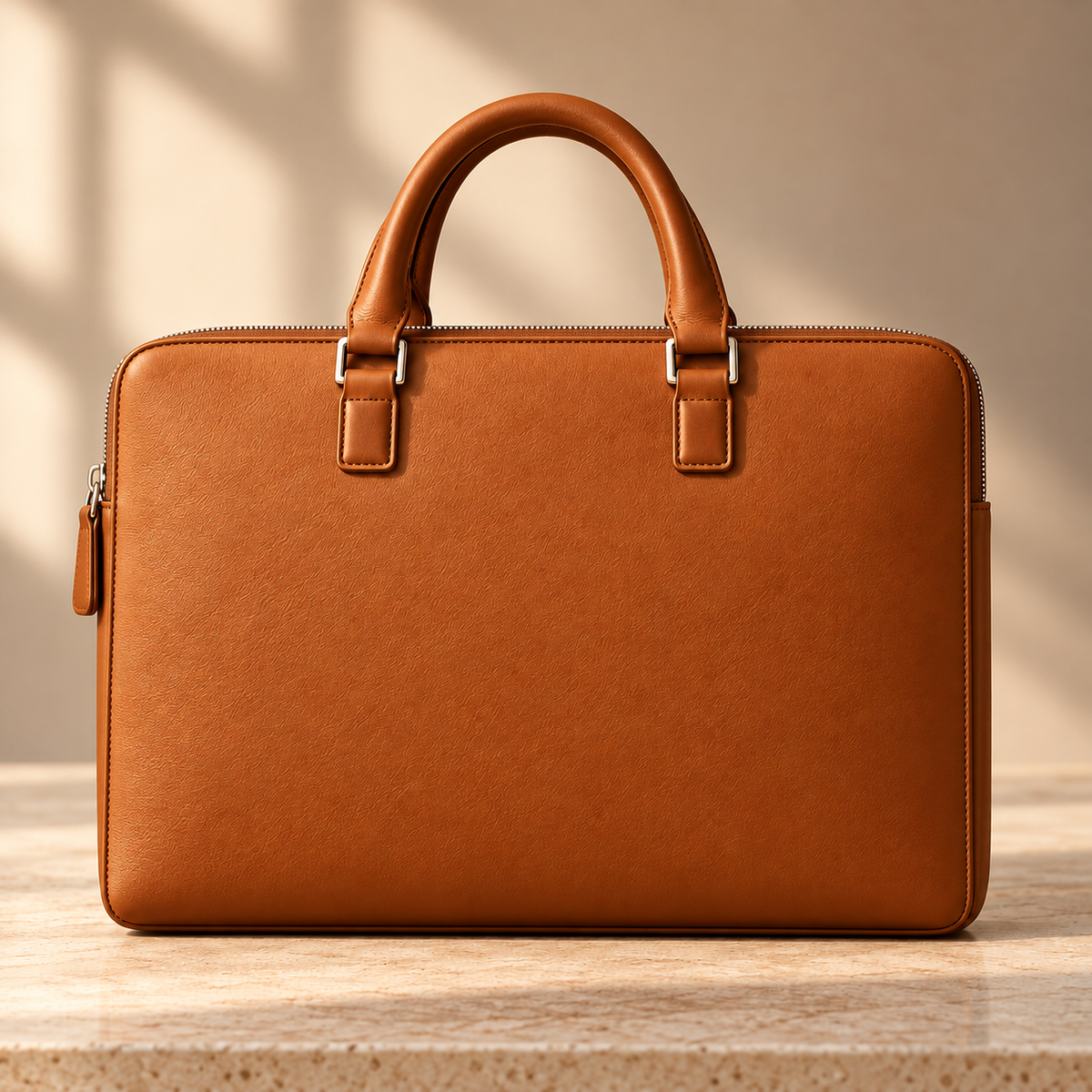 Back view of AMLAL handmade cognac leather briefcase for men