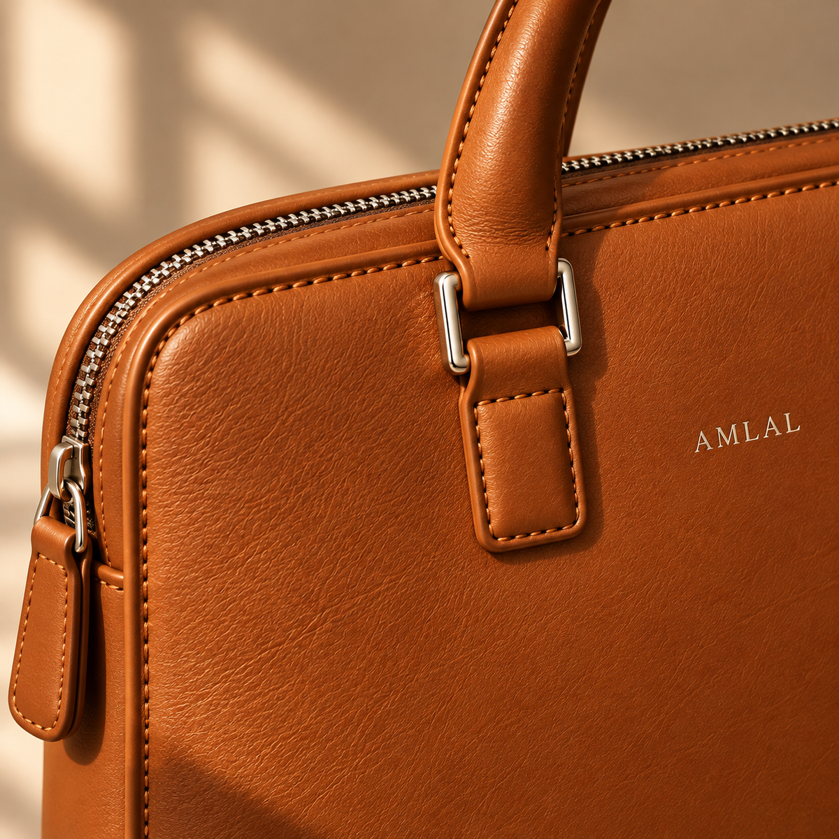 Close-up of AMLAL cognac leather briefcase stitching and premium leather finish