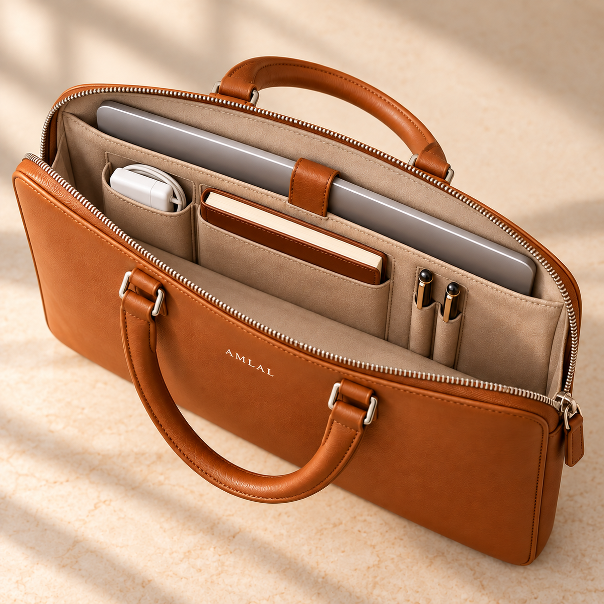 Organized interior of AMLAL slim leather briefcase with laptop sleeve, notebook, charger and phone pockets