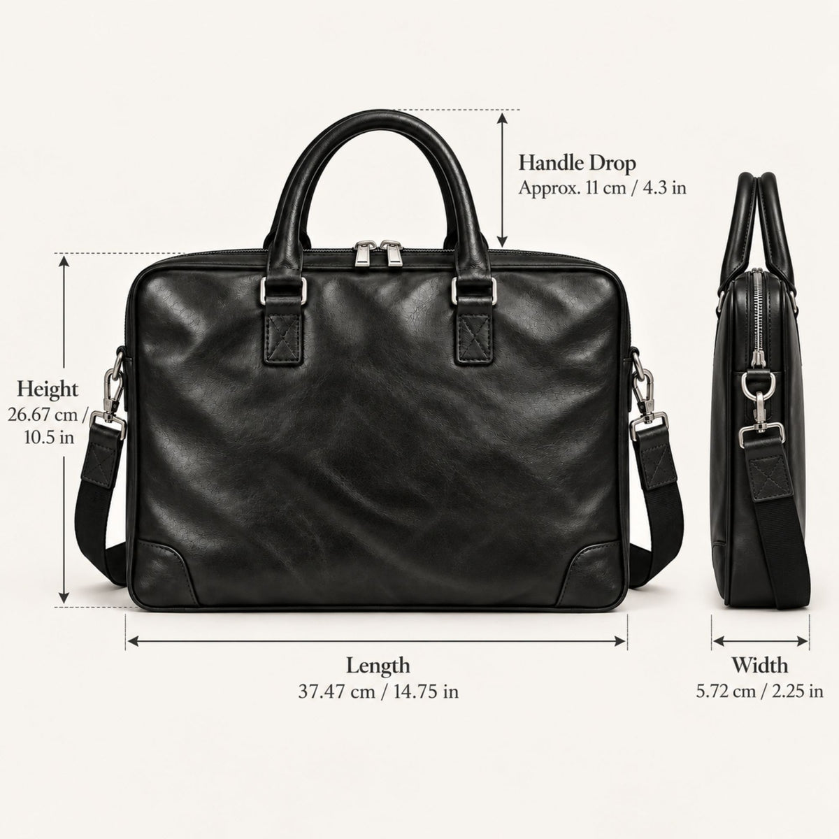 Black leather briefcase with dimensions labeled, showing front view with handle drop, height, length, and width measurements on a light beige background.