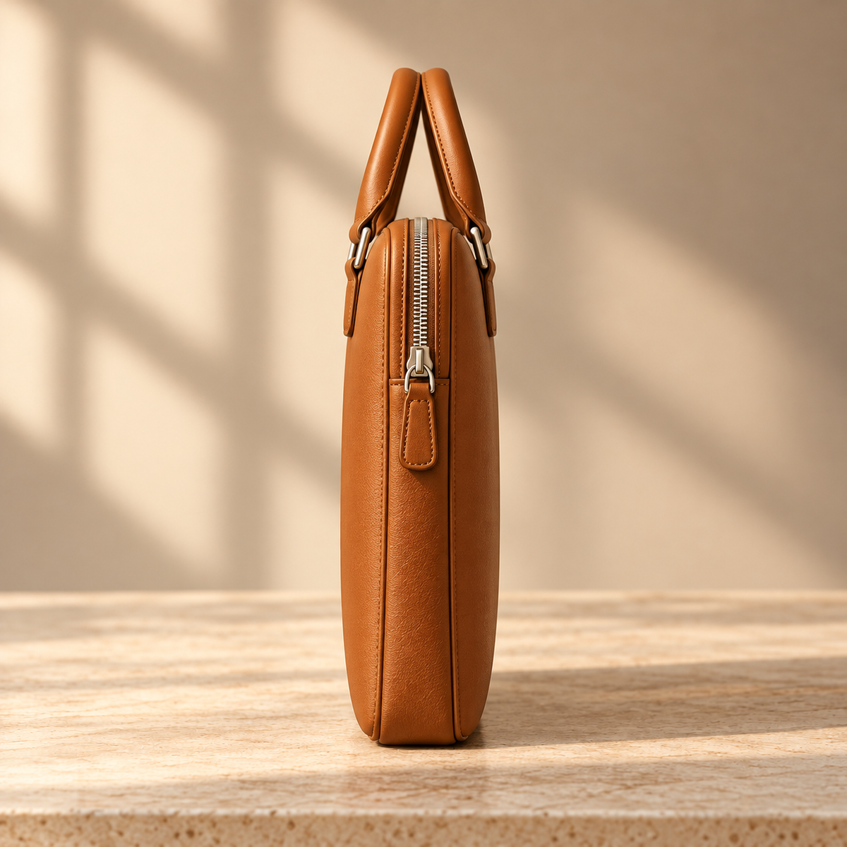 Side view of AMLAL slim cognac leather business briefcase for men