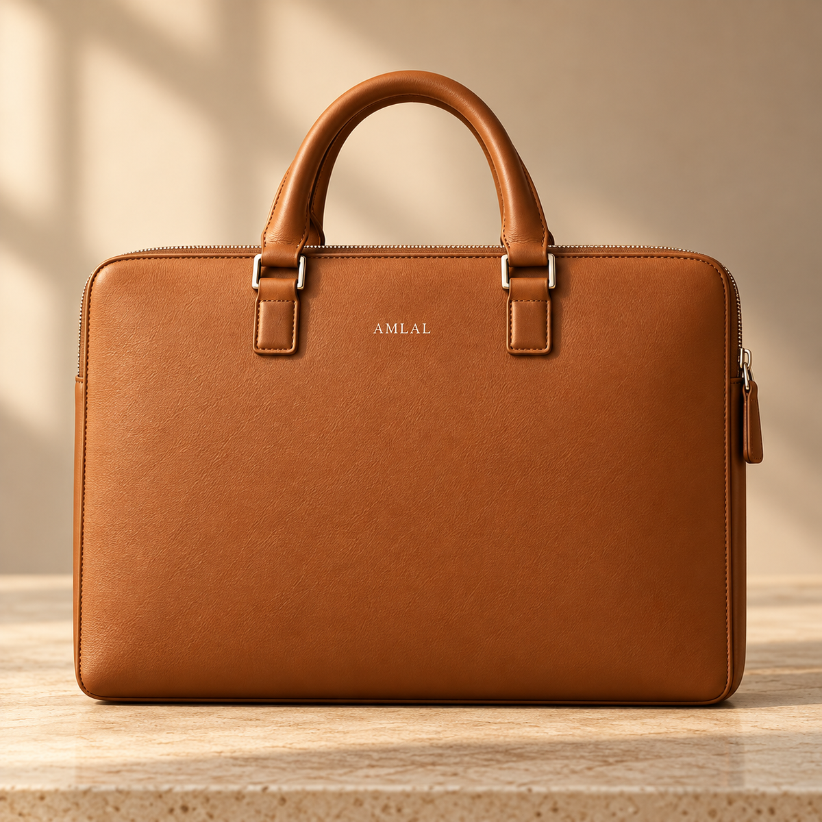 AMLAL slim cognac leather briefcase for men front view, handmade in Morocco