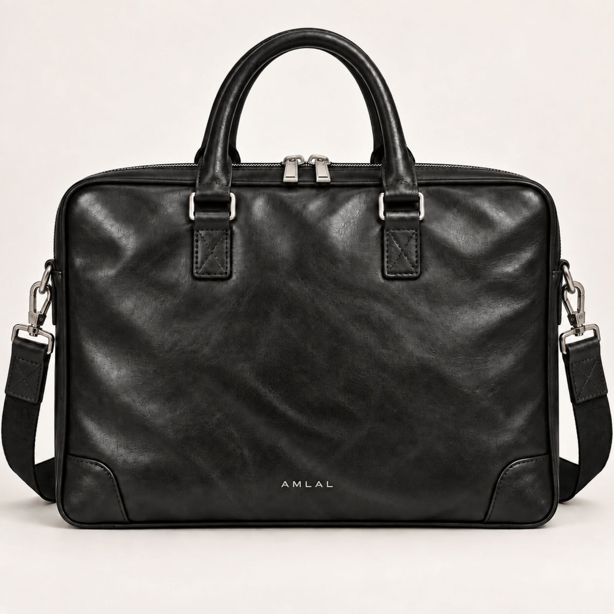 AMLAL black leather men’s briefcase with top handles and detachable shoulder strap