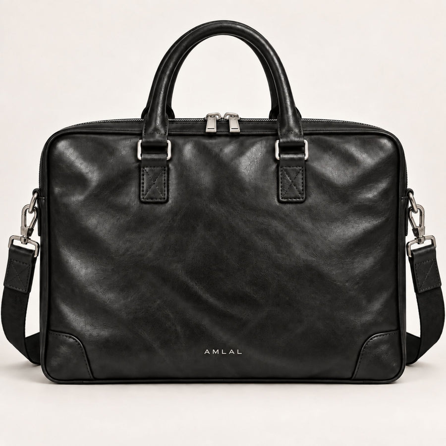AMLAL black leather men’s briefcase with top handles and detachable shoulder strap