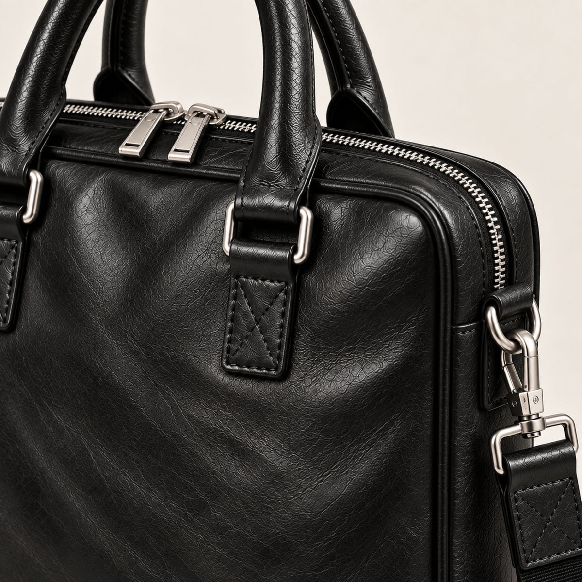 Close-up of a black leather briefcase or satchel with silver-tone hardware, dual top handles, a zip-top closure, and a detachable shoulder strap against a light neutral background.