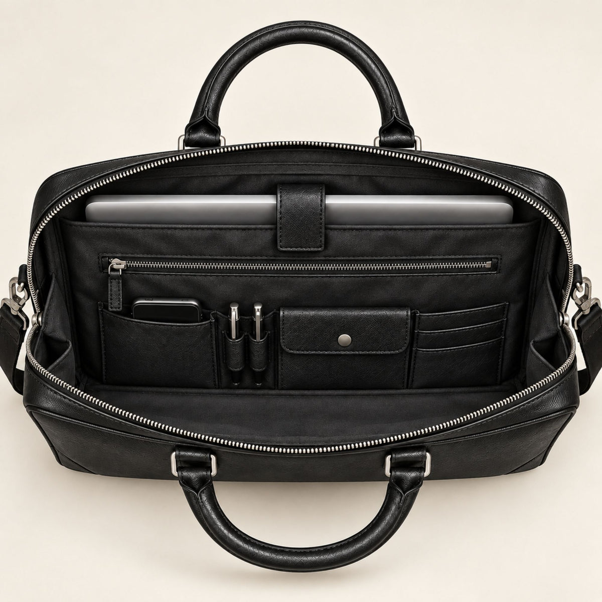 Interior of AMLAL men’s leather briefcase with laptop compartment, zip pocket and organizer pockets