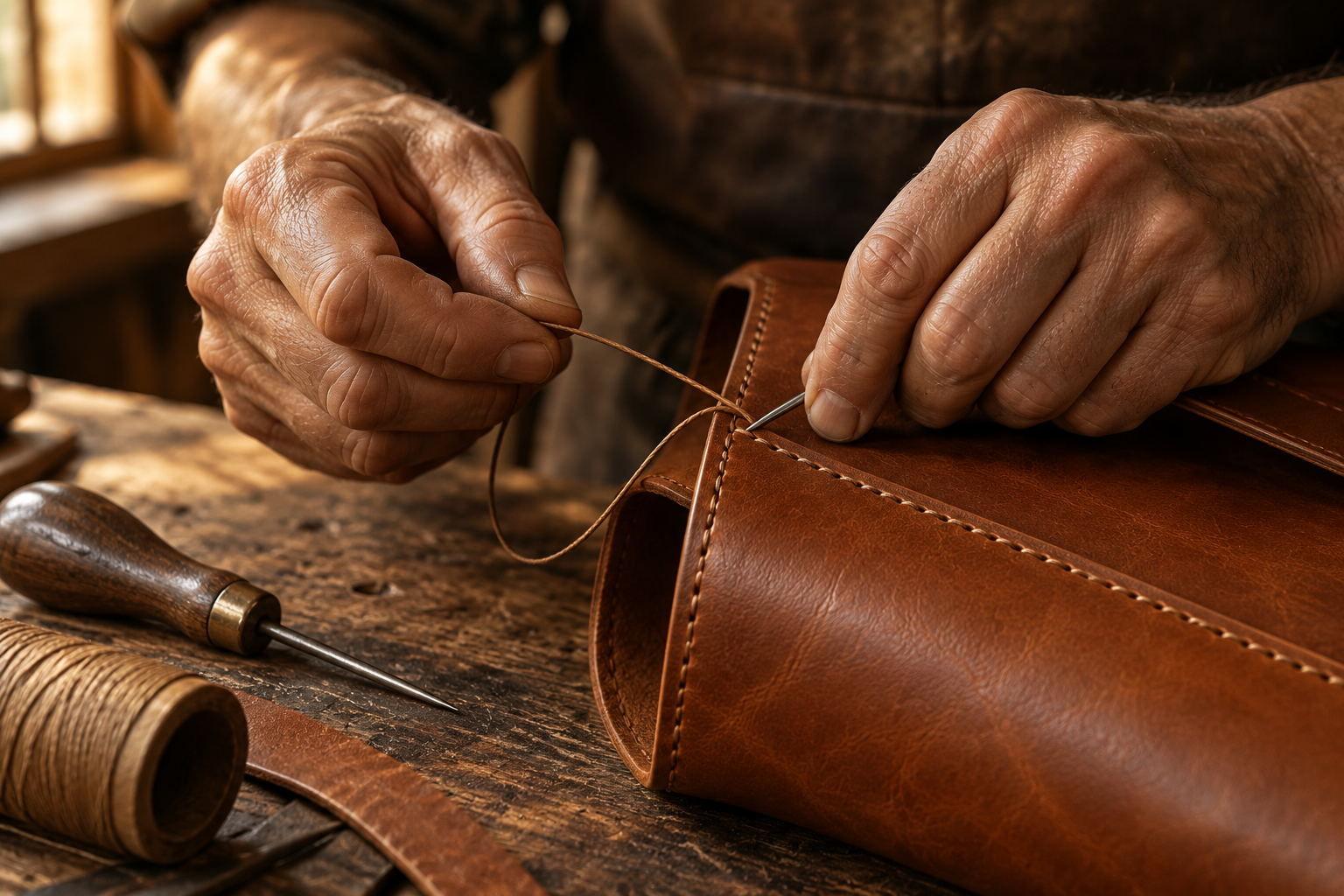 Illustration of hand stitching leather