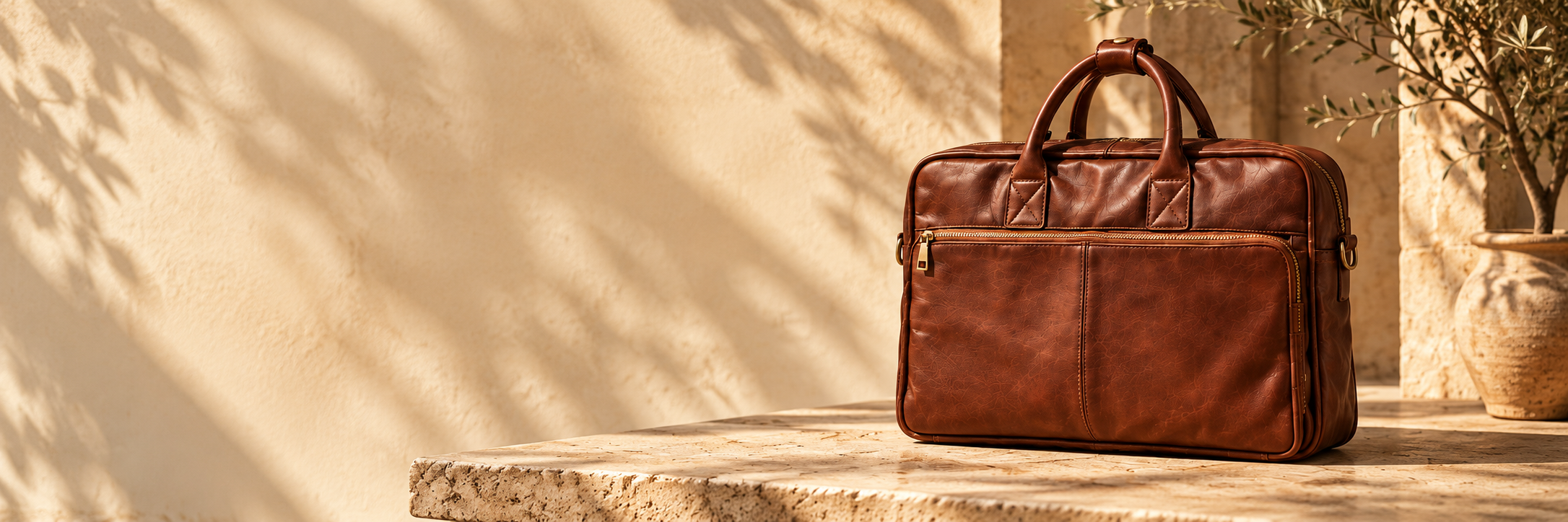 AMLAL cognac leather briefcase on a stone platform — campaign illustration